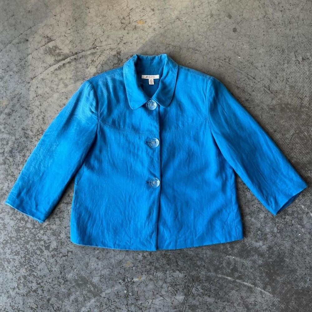 JM Collection Blue 100% Linen Button Up Jacket Blazer Top Clear Buttons Womens 8 - Picture 6 of 8